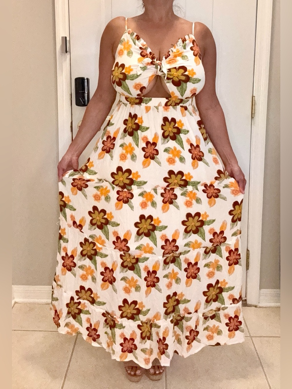 Floral Tie-Front Maxi Dress in Cream with Orange & Brown Flowers